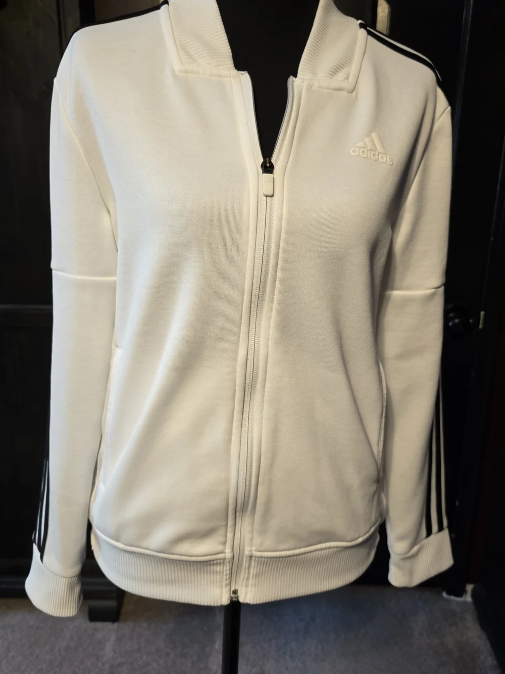 Adidas White Full Zip Track Jacket Size Small Black Stripe Athletic Jacket
